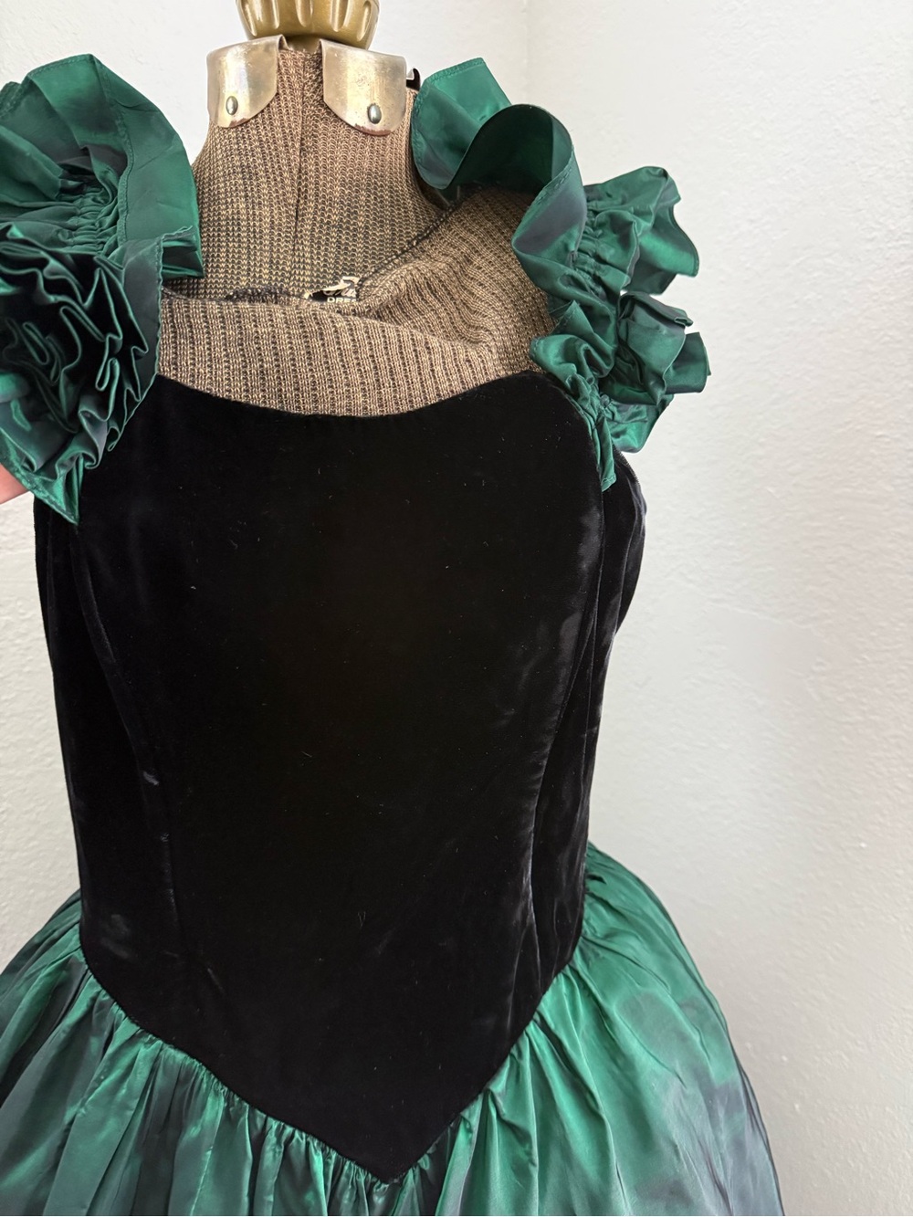 Gunne Sax Black Velvet Dress with Emerald Satin Ruffles
